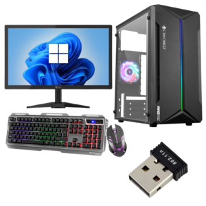 | Ryzen 3 3200G | B450 Motherboard | 8GB RAM 3200Mhz | 1TB HDD | 256 SSD | 450W Smps | Mid Tower Gaming Case | Monitor 19 inc | Gaming keyboard mouse | Wifi dogle